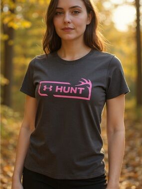 Under Armour Dark Gray Tee with Pink Hunt Graphic